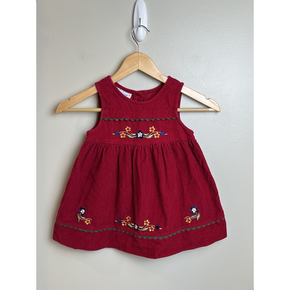 Samara Vtg 90's Red Corduroy Jumper Dress Embroidered Floral Girls 3T Cotton